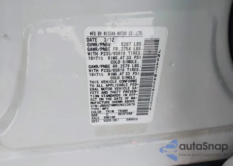 2012 Nissan Murano Sl from USA, damaged, VIN JN8AZ1MW5CW223879